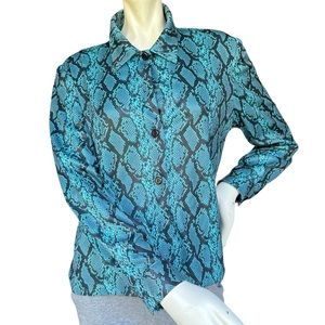 Vintage 90s Slinky Blue & Black Snakeskin Print Long Sleeve Button Down Shirt